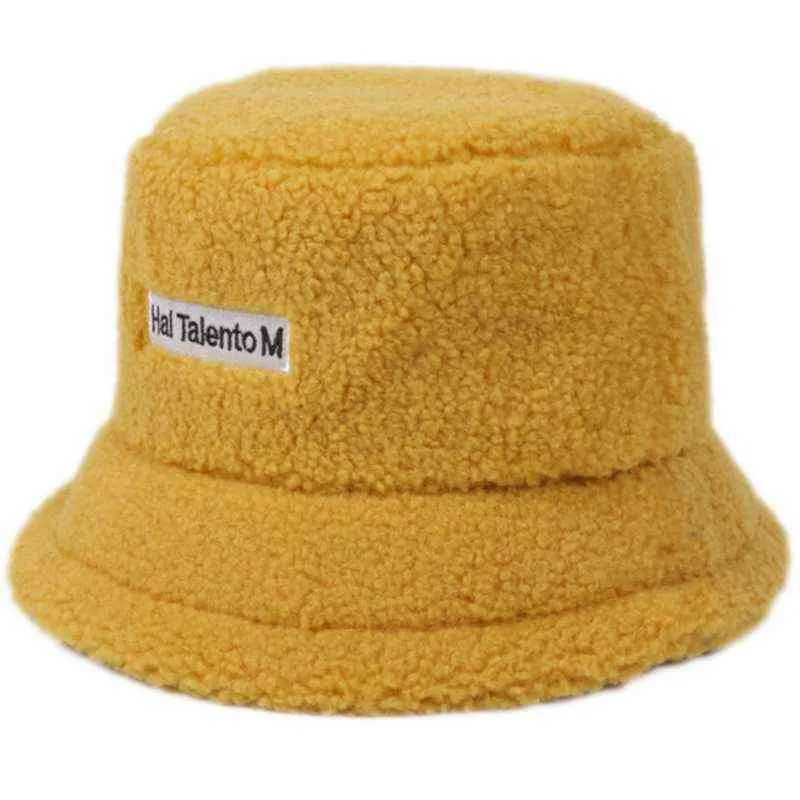 Mujeres invierno espesar cálido Faux Fleece Bucket Hat letras etiqueta Color sólido Harajuku estudiante ajustable pescador G220311