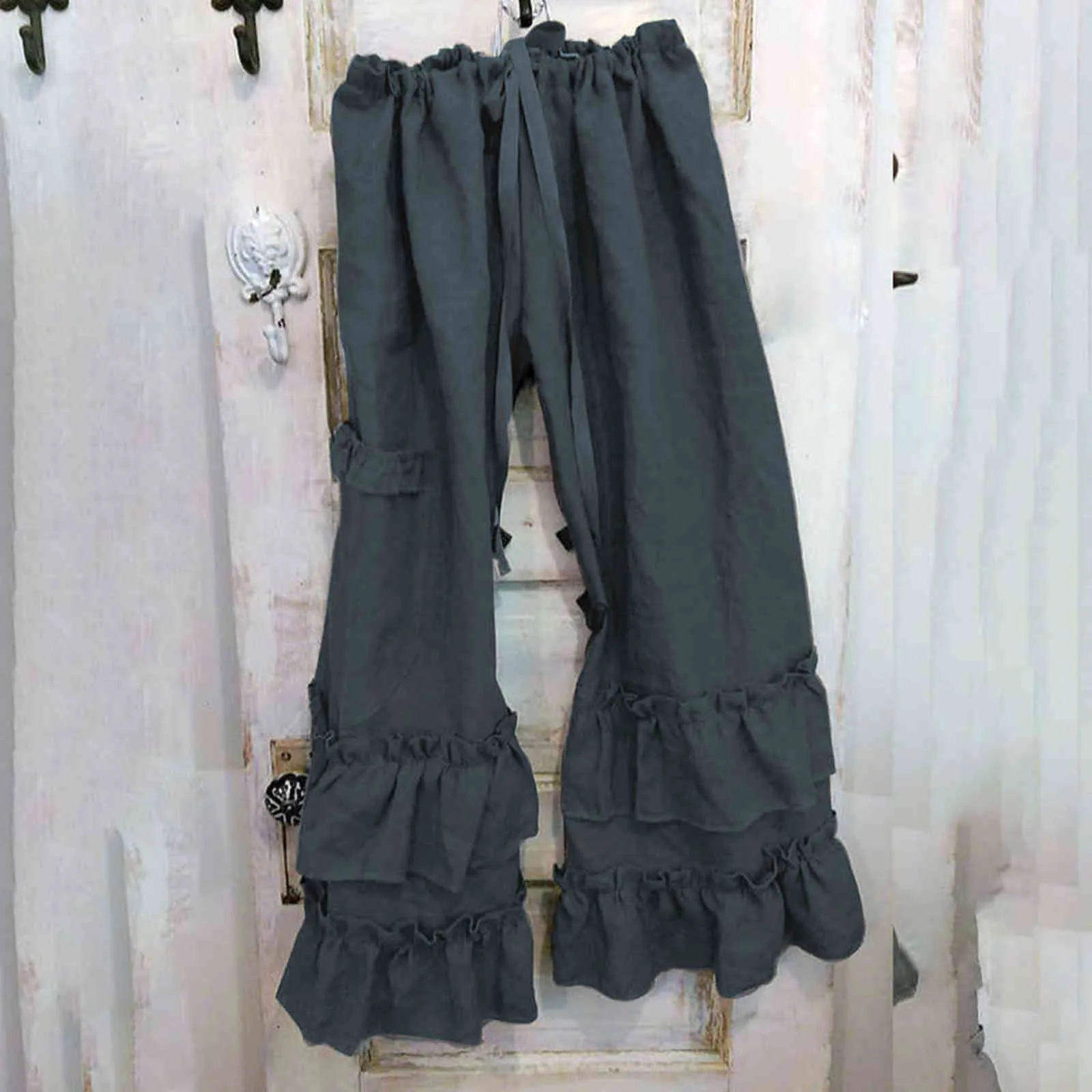 Jaycosin Pants Women Plus Size Solid Cotton Linen Folds Casual Ruffled Loose Pocket Full Length Drawstring Pockets 211115