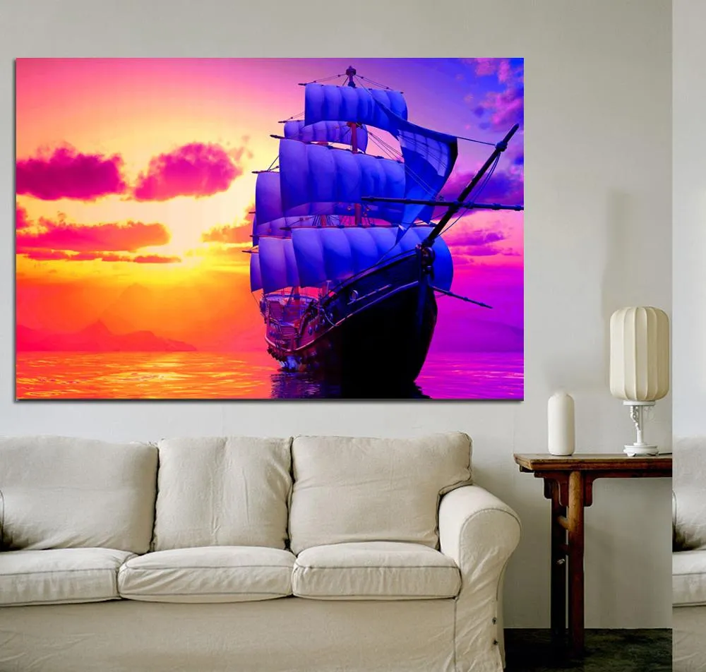 Modern Wall Art Canvas Painting Sunrise Colorful Sky Clouds Boat Pictures Seascape Poster For Living Room Home Decor No Frame