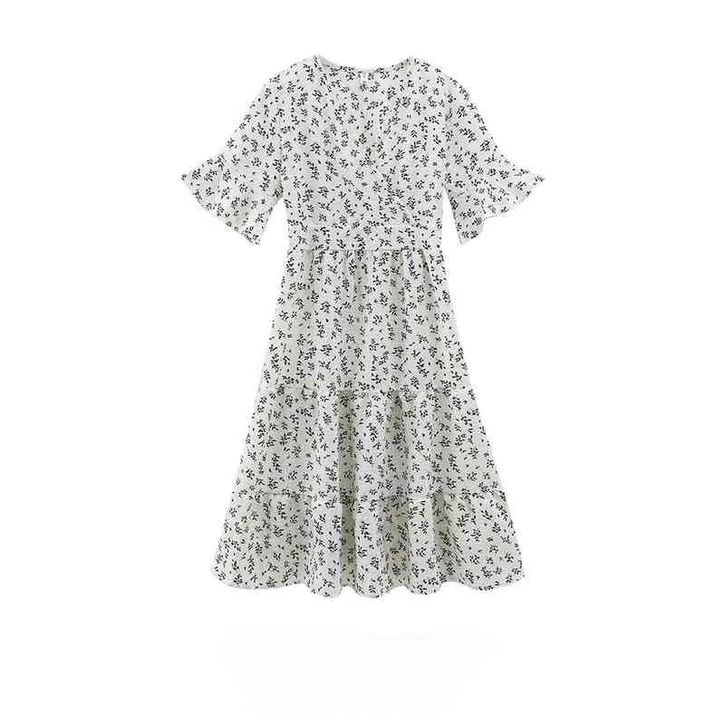 Kimutomo Tatlı Çiçek Elbise Yaz Fransız Tarzı Zarif V Yaka Kısa Flare Kollu Zayıflama Yüksek Bel Şifon Vestidos Moda 210521