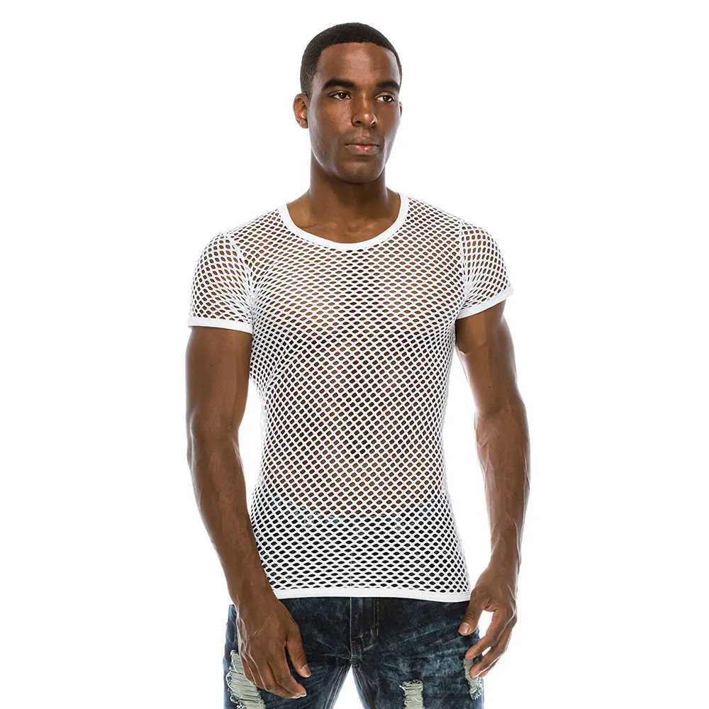 Camiseta de red transparente de malla para hombre, camiseta de moda Sexy de manga corta para club nocturno, ropa de calle para fiesta para hombre, Tops 210706