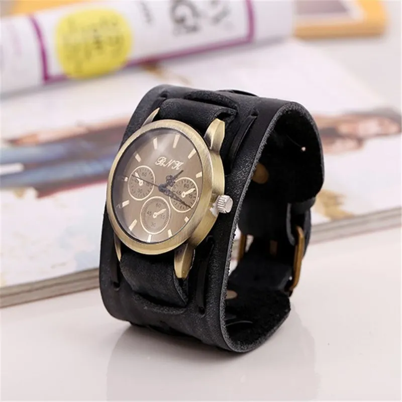 black brown Punk Antique Bronze Round Black Brown Wide Leather Belt Strap Bracelet Roman Wrist Watches Bangles