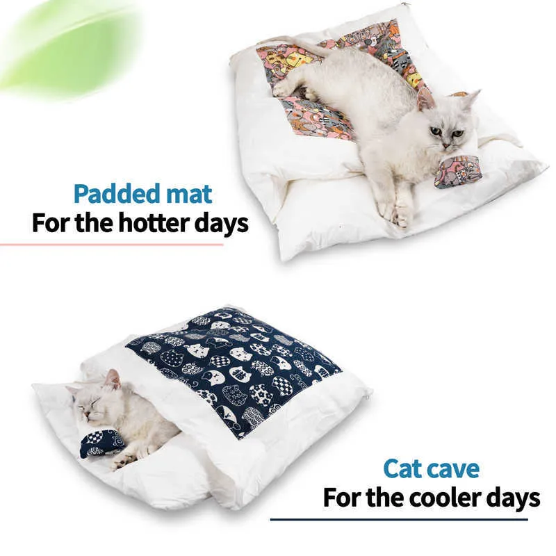 Japansk katt säng varm katt sovsäck djupt sömn vinter flyttbar husdjur hund säng hus katter näckkudde med kudde 210722