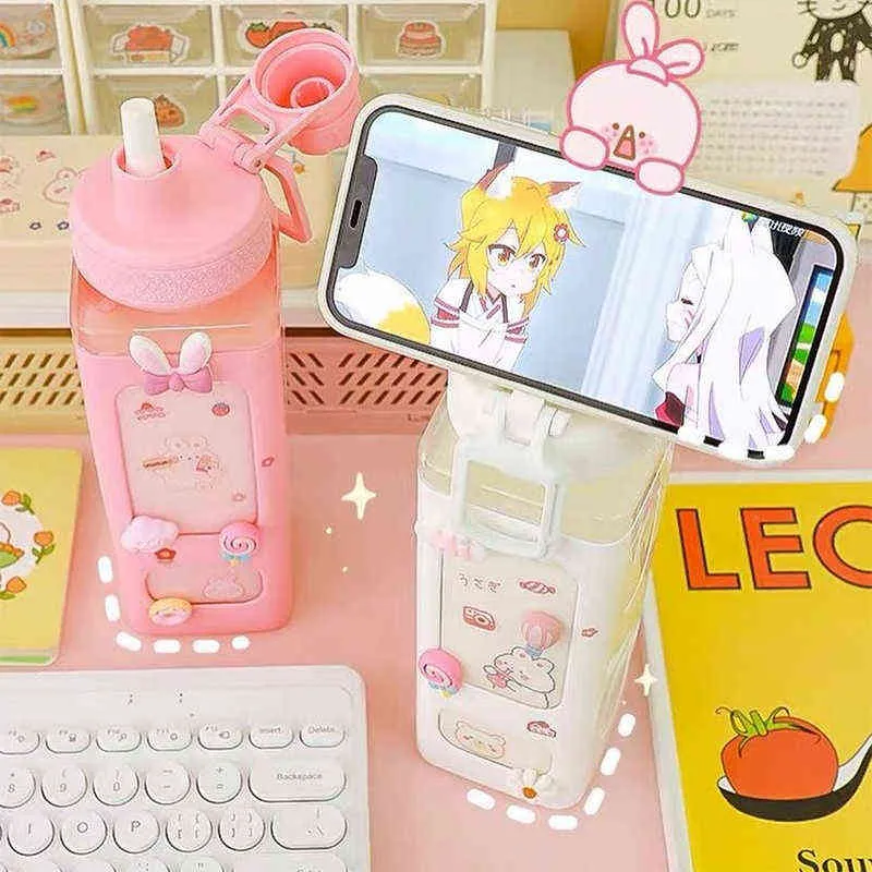 700/900ml Kawaii Bear Pastel Water Bottle - Cute 3D Sticker, Plastic Travel Tea/Juice/Milk Bottle, Portable Shaker Drink Bottle, Perfect Gift