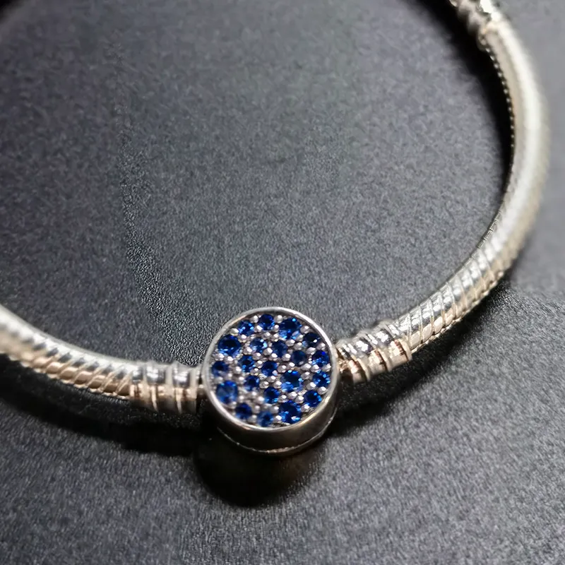 925 Sterling Silber Armband Herz T-Bar Schlangenkette Funkelnder blauer Scheibenverschluss Kettenarmband Damenschmuck