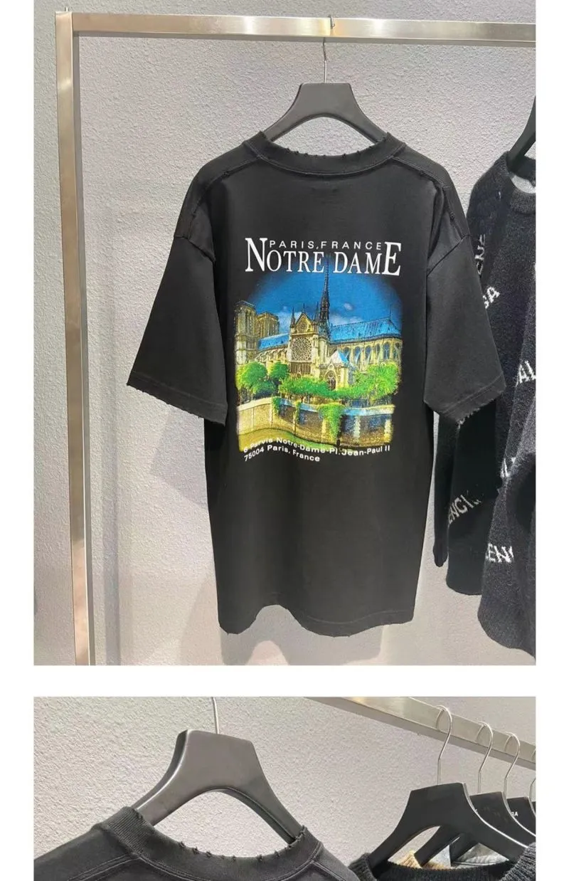 T-shirts Femme 21ss Notre Dame de Paris Château Imprimé Coton Col Rond Détruit Lâche Manches Courtes