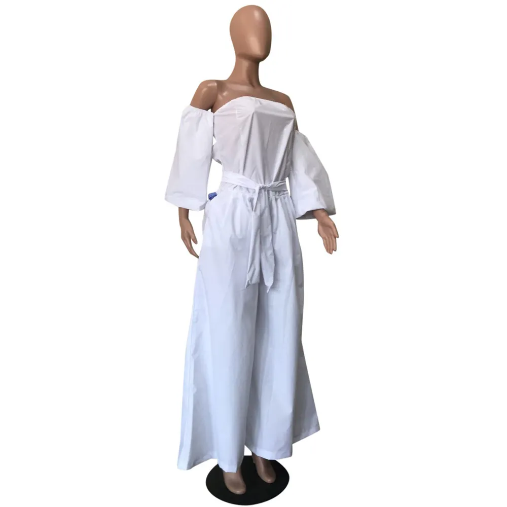흰색 오프 숄더 점프 슈트 허리 벨트가있는 넓은 다리 느슨한 퍼프 슬리브 레이디 여성 패션 여성 봄 여름 Playsuits Romper 210416