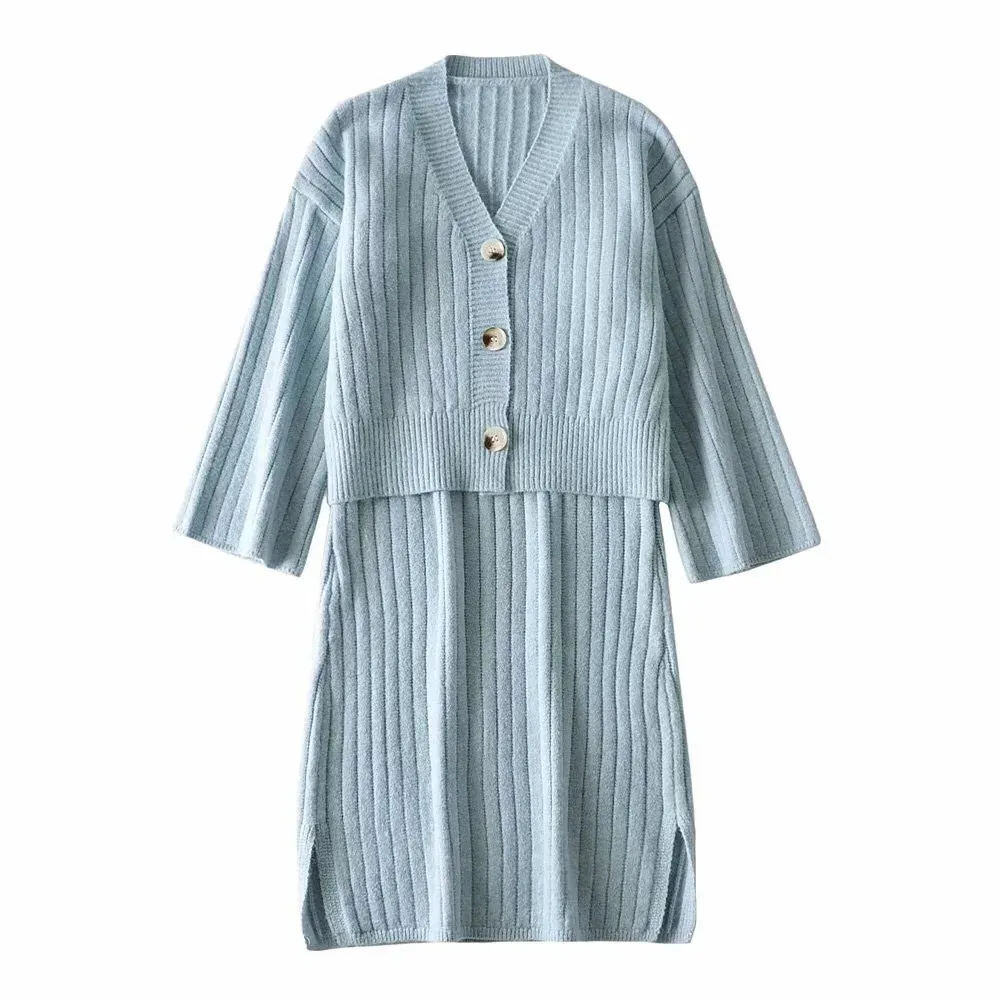 Höst Retro 70s Striped Line Cardigan Korea Style Single-breasted Button Stickad Sweater Side Slit V Neck Dress 210429