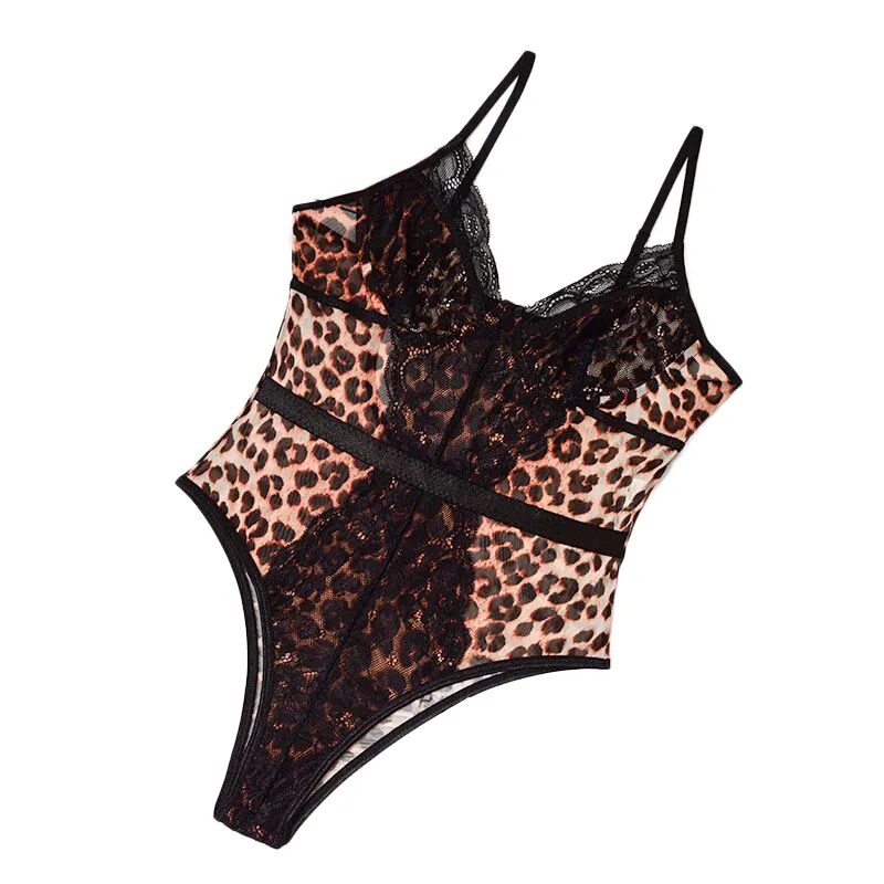 Omsj est sexig kropp kvinnlig rompers mode svart bodysuits för kvinnor leopard print hollow out patchwork spets playsuits 210517