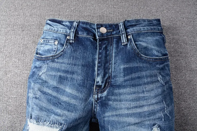 Mode Männer Lange Schlanke Blaue Jeans Desiger Hohe Qualität Patchworl Zerrissene Loch Demin Hosen Streetwear Hiphop Hosen für Männer