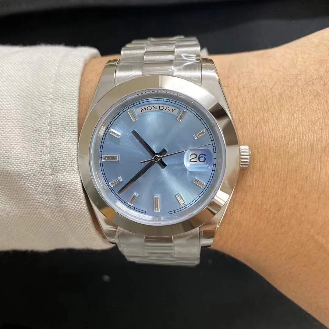 ST9 stalen horloges 40 mm diamanten set blauwe wijzerplaat ijs automatisch mechanisch uurwerk saffierglas president roestvrij herenhorloge243j