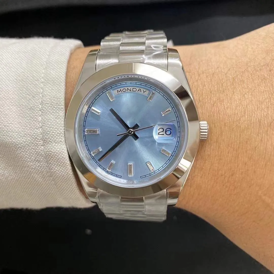 St9 zegarki stalowe zestawu diamentowego 40 mm niebieskie wybieranie lodu automatyczny ruch mechaniczny szafir szklany prezydent męski ze stali nierdzewnej Wristwatche243J