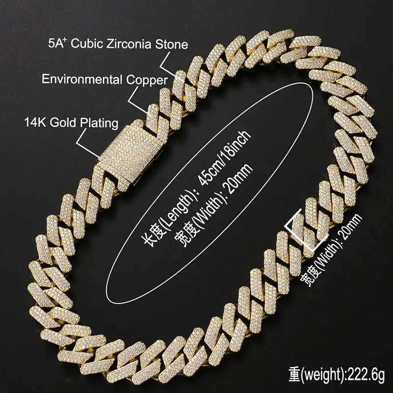 Цепи 20 мм Большой тяжелый сплошной кубинский цепь звенья хип -хоп Cz Stone Paved Bling Iced Out квадратный бордюр ожерелья для мужчин Рэппер Je251f