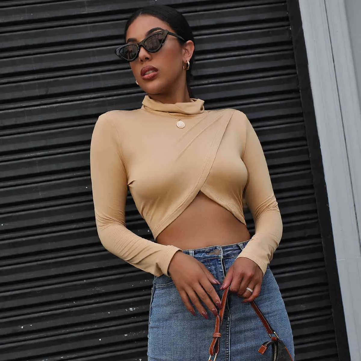 Girls Autumn Solid Color Sexy Stacked Neck T-shirts Women Slit Long Sleeve Short Basic Tops Ladies Skinny Crop Top Tshirt 210517