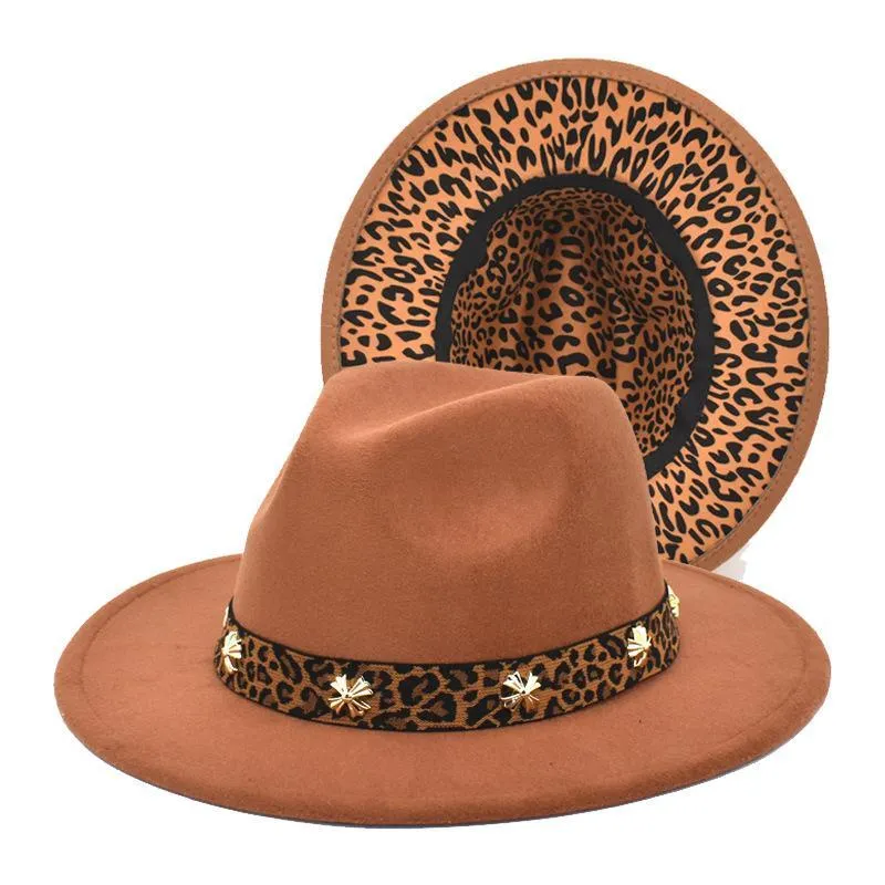 Cappelli a tesa larga Leopard Bottom Tinta unita Patchwork Feltro di lana Jazz Fedora Elegante Uomo Donna Panama Trilby Cap all'ingrosso