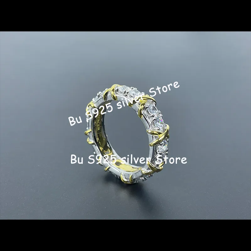 S925 TF silver cross x two color gold Mosangshi 510 points full diamond couple wedding ring fashion gem gift7195121