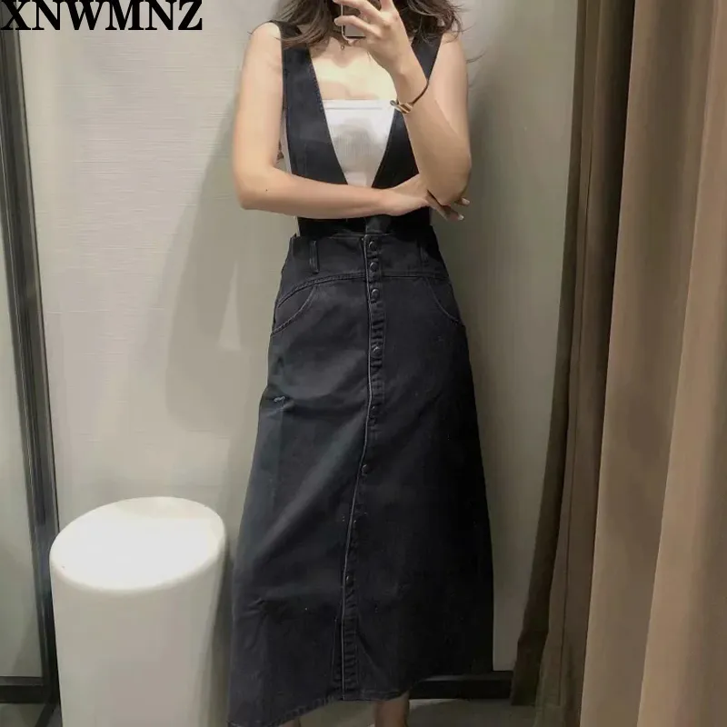 Haute qualité femmes mode bouton-up Denim jarretelle robe mi-longue Vintage dos nu poches latérales bretelles femmes robes Mujer 210520