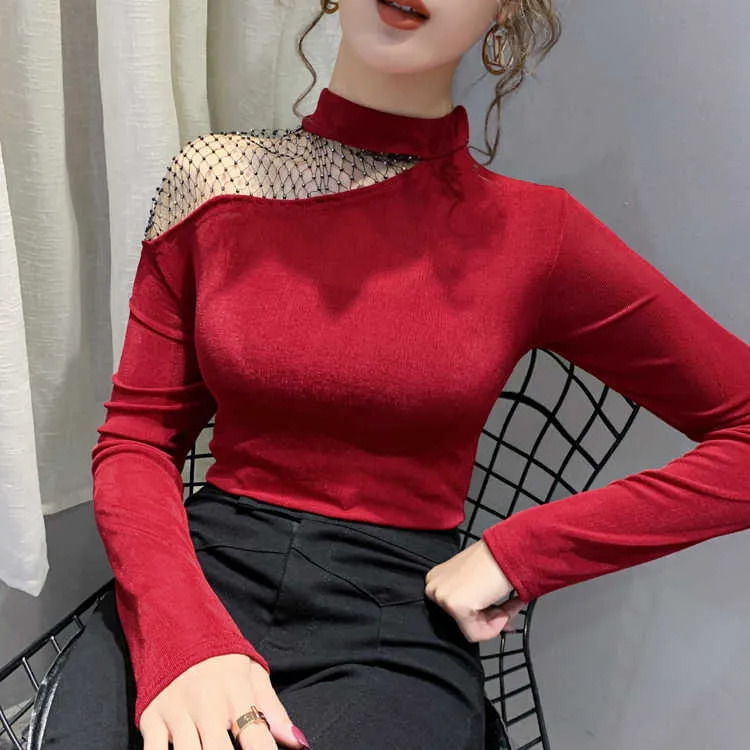 Style coréen Slim manches longues sexy sans bretelles T-shirt femmes automne printemps maille couture hauts mode chemise creuse 210722