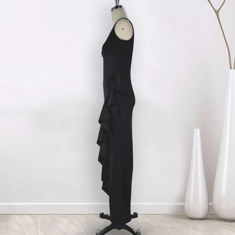 Kadınlar Siyah Uzun Elbiseler Bir Omuz Akşam Yarık Fırfır Seksi Etkinlik Durum Düzensiz Yemeği Parti Clubwear Ince Sıkı Elbise 210416
