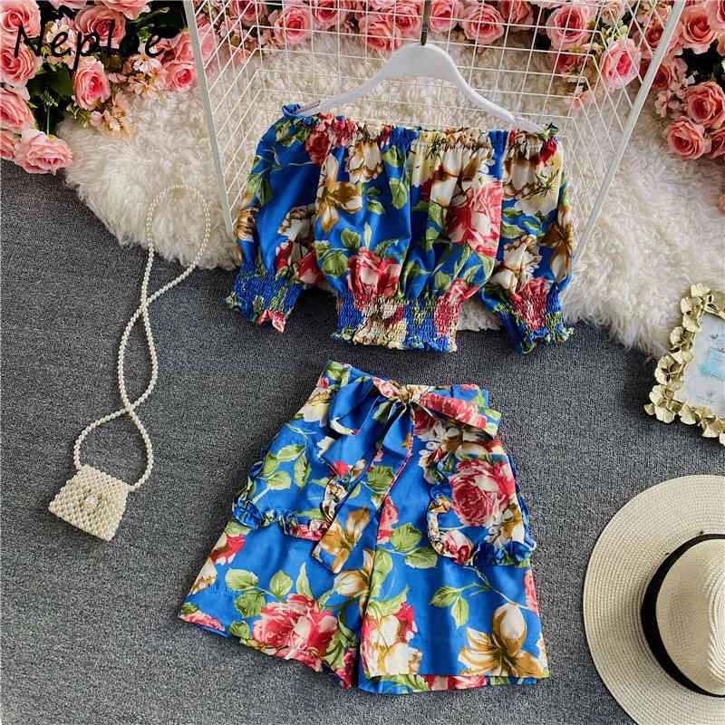 NEPLOE VINTAGE PRINT SLIM 2 STKS Dames Set Slash Hals Schouder Strapless Blouse + Hoge Taille Heup Wide Leg Shorts Holiday Suit 210423