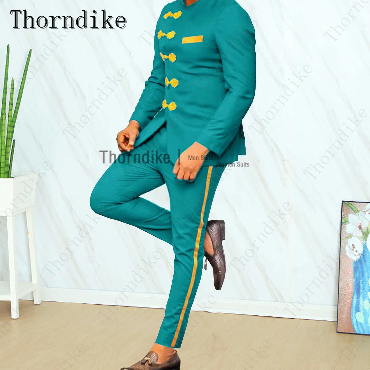 Thorndike Design classique Noir Bleu Violet Hommes Costume Slim Fit Costume de mariage pour hommes Groom Stand Collier Tuxedo Mariage Africain Wear X0909