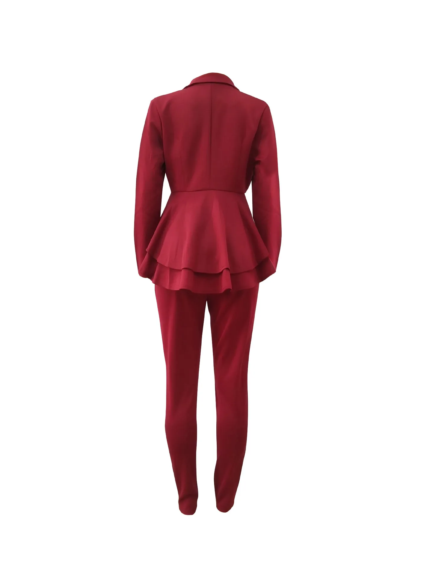Sexy Two Piece Sets for Women Blue V Neck Long Sleeve Peplum tops and Full Length Pants Wine Red Black Office Ladies Work Wear 210416