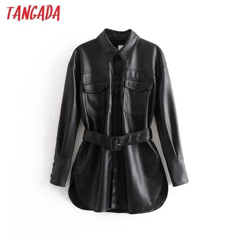 Tangada femmes kaki veste en simili cuir manteau col rabattu dames à manches longues manteau ample avec slash QN70 210609