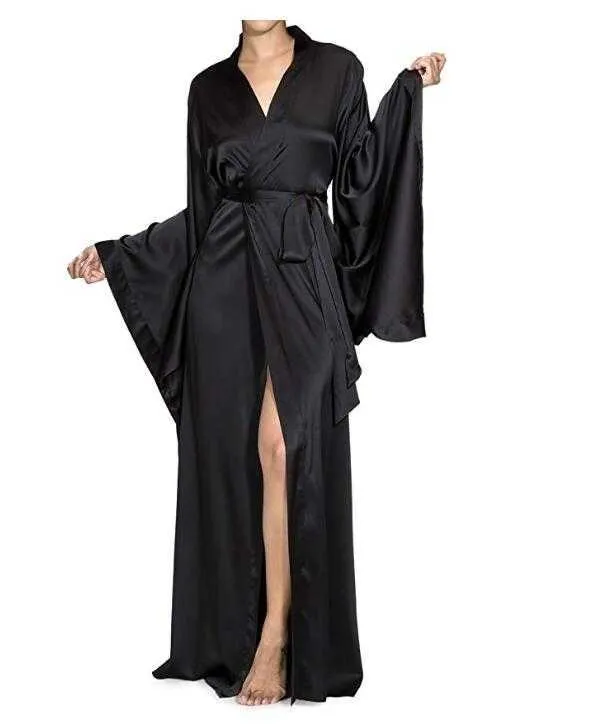 Solid Robes Women Black Red Long Sleeve Nightgown Ladies Girls Silk Satin Smooth Spring Lace Sleepwear Female Bathrobe 210924