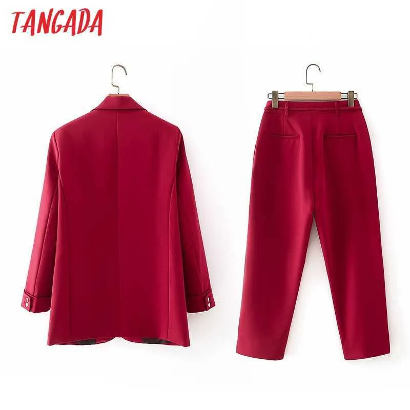 Tangada Tracksuit Sets Office Lady Work Women's Red Blazer Pants Suit Coat and DA92 210930