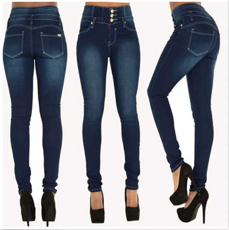 Kvinnor Jeans Ankomst Denim Pencil Byxor Stretch High Waist Button Slim Fit Skinny Elegant Ladies Kläder 210708