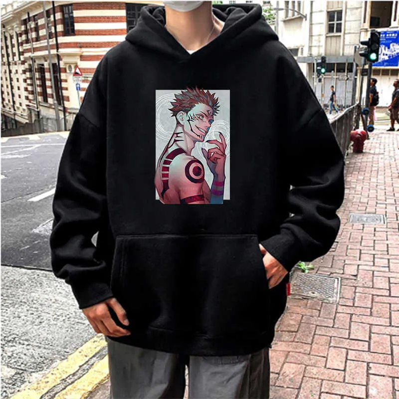 Janpanesa Anime Jujutsu Kaisen Fajne Drukowane Bluzy Kreskówki Postać Z Kapturem Bluzy Zimowe Streetwear Bluzy H0910