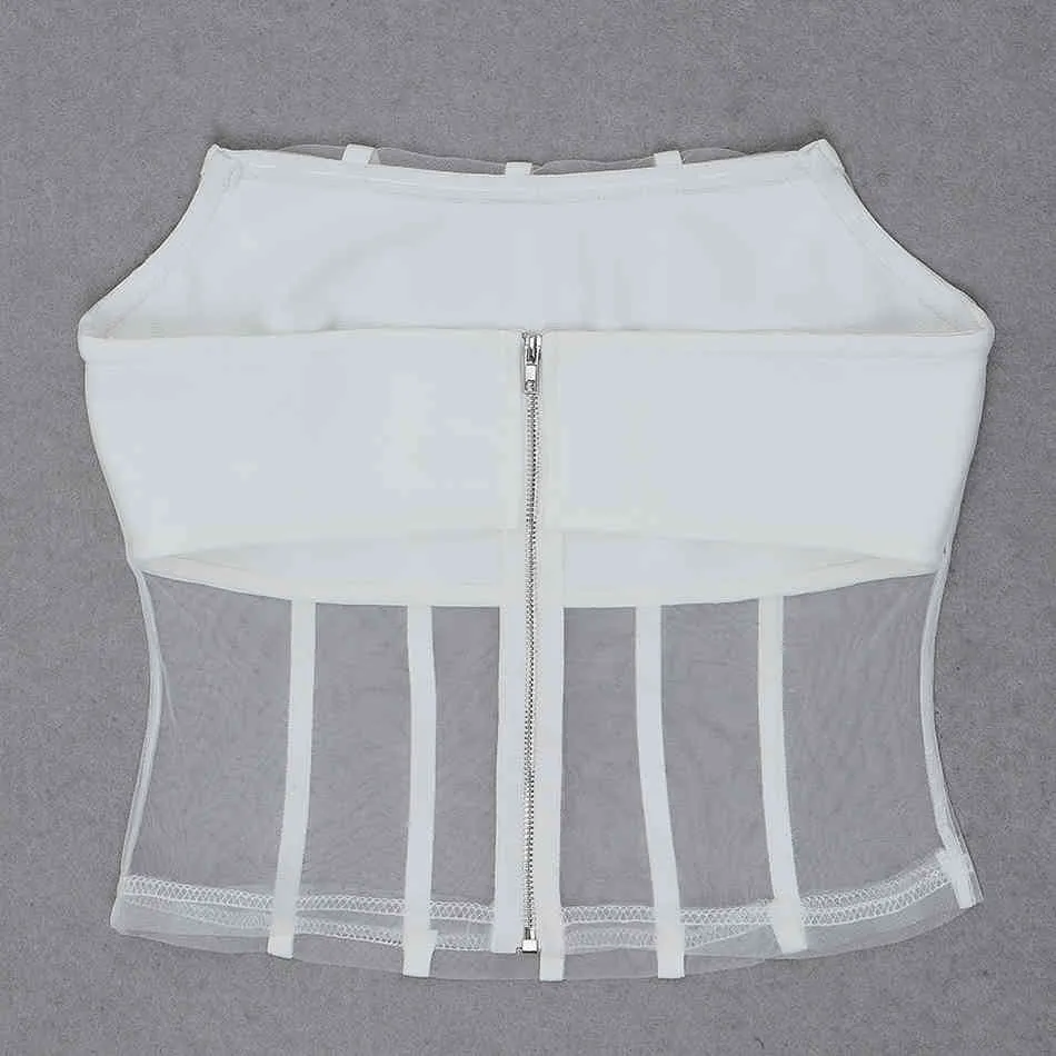 Free Sexy Summer Chest Wrap Bandage Crop Top Women's White Sleeveless Halter Mesh Patchwork Club Party 210524