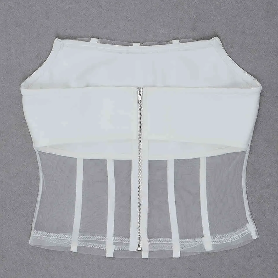 Free Sexy Summer Chest Wrap Vendaje Crop Top Mujer Blanco Sin mangas Halter Mesh Patchwork Club Party 210524