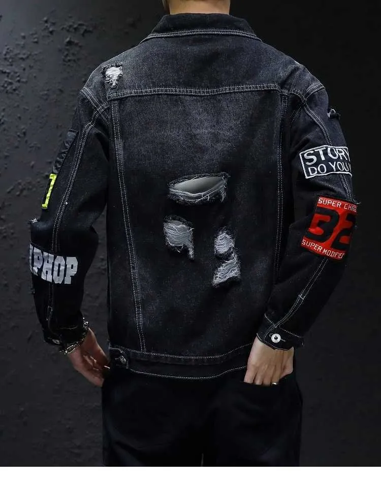 Denim Jacket Men Women Hiphop Streetwear Punk Rave Steampunk Motorcycle Cowboy Graffiti Ripped Outwear Brand Jeans 210811