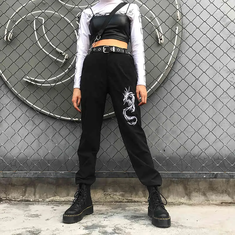Pantaloni cargo con ricamo drago stile cinese Pantaloni donna streetwear elasticizzati a vita alta Pantaloni neri 210510
