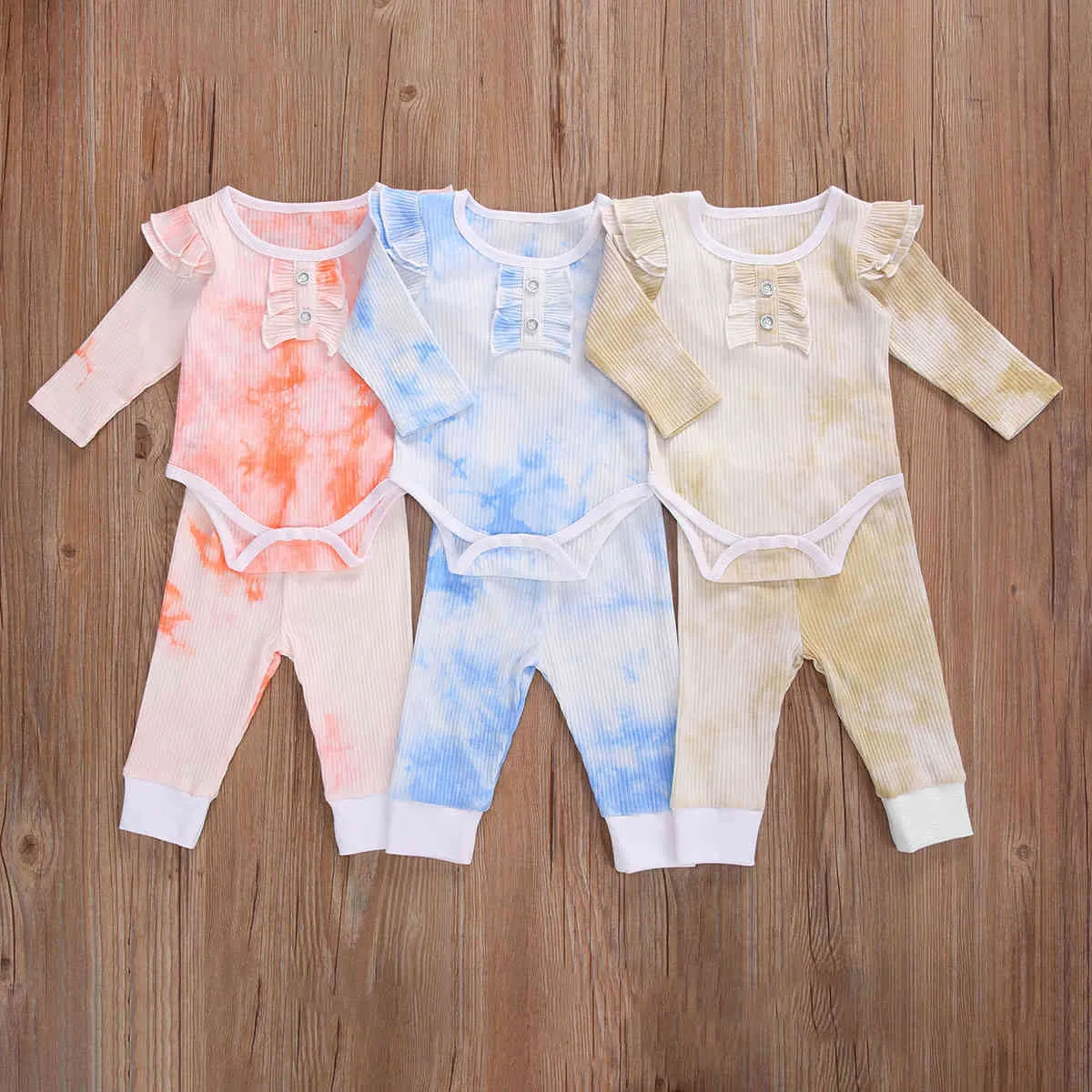 0-18M born Infant Baby Girl Clothes Set Tie Dye Outfits Ruffles Knitted Romper Pants Autumn Costumes 210515