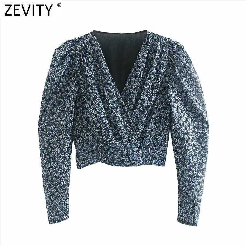 Zeefity Dames Sweet Cross V-hals Print Korte Blouse Casual Puff Sleeve Zoom Elastische Chiffon Shirts Chique Vrouwelijke Blusas Tops LS7323 210603