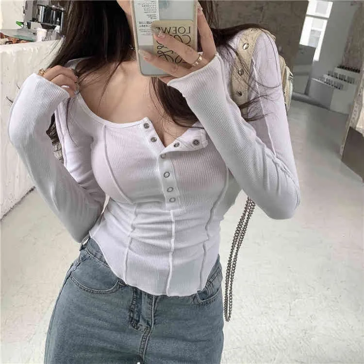 2 색 봄 스퀘어 칼라 섹시한 긴 소매 티셔츠 Womens 티셔츠 Femme 여성 슬림 자른 탑 R99566 210423