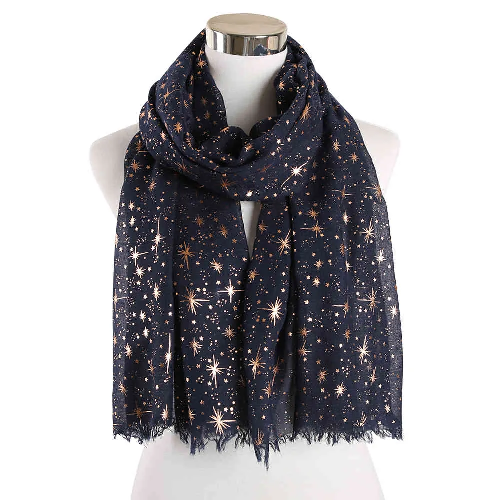 Foxmother Herfst en Winter Roze Navy Star Print Sjaal Vrouwen Folie Sliver Hijab Sjaals Glitter Galaxy Sjaal Wrap Dames 2019