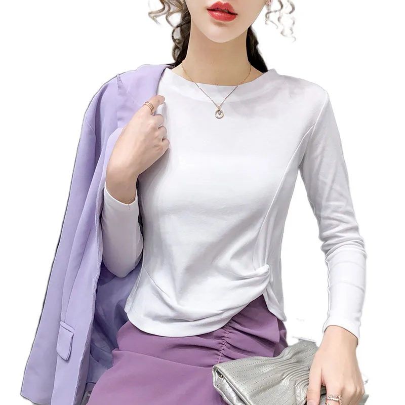 Feminino Primavera Outono Top Sólida Cor Knotted Longa Manga TopKorean Estilo Alto Cintura emagrecimento Curto Feminino Tops LL267 210506