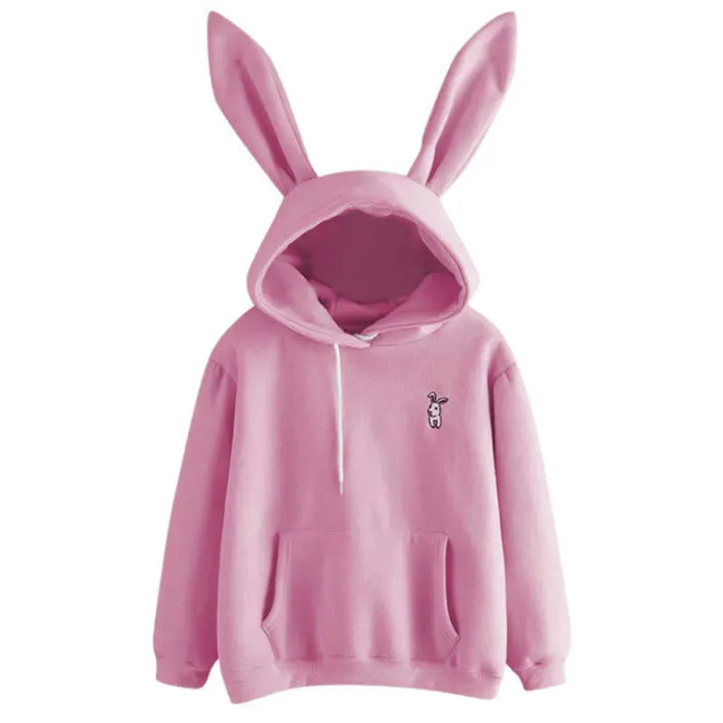 QRWR Sonbahar Kış Kadın Hoodies Kawaii Tavşan Kulakları Moda Hoody Rahat Katı Renk Kadınlar Için Sıcak Kazak Hoodies 210928