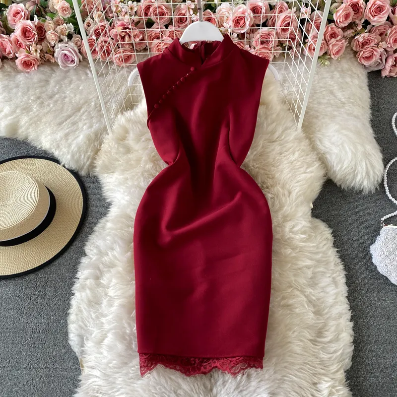 zomer elegante jurk vrouwelijke sexy cheongsam kant stiksels slanke mouwloze strakke heup voor dames vestidos 210420