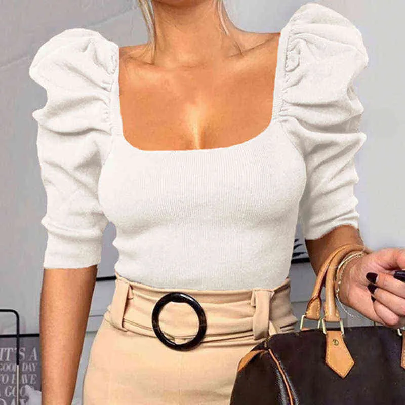 Vintage Puff Sleeve Kvinnor Blus Square Neck Koreanska Style Toppar Elegant Sexig Vit Svart Slim Crop Blus Kvinnor G220228