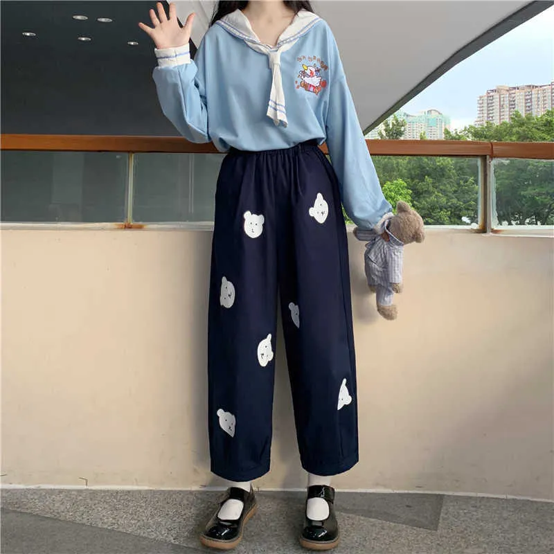 Pantaloni da donna giapponesi Kawaii Soft Girl Cute Bear Stampa Pantaloni da donna Pantaloni larghi a vita alta selvaggi Pantaloni da studente casual elastici 210925