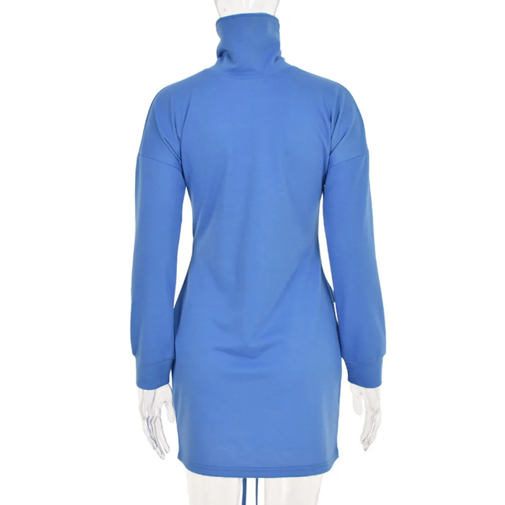 Robe Bandage pur bleu décontracté dames col roulé tenues de rue vêtements à la mode pour les femmes automne hiver nouveauté 210415