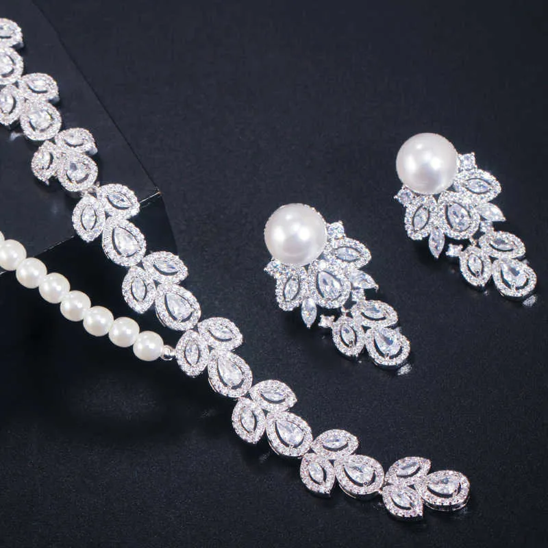 Tre graces delicati zirconia zirconi a pavimentazione donna foglia di nozze perla simulata grande collana e orecchini set di gioielli da sposa TZ540 H1022