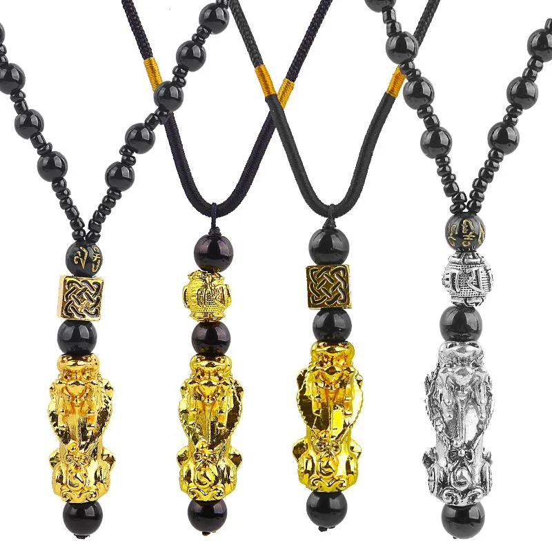 Pixiu Anhänger Halskette Symbol Reichtum und viel Glück Chinesische Feng Shui Glaube Obsidian Steinperlen Halsketten Ketten2005