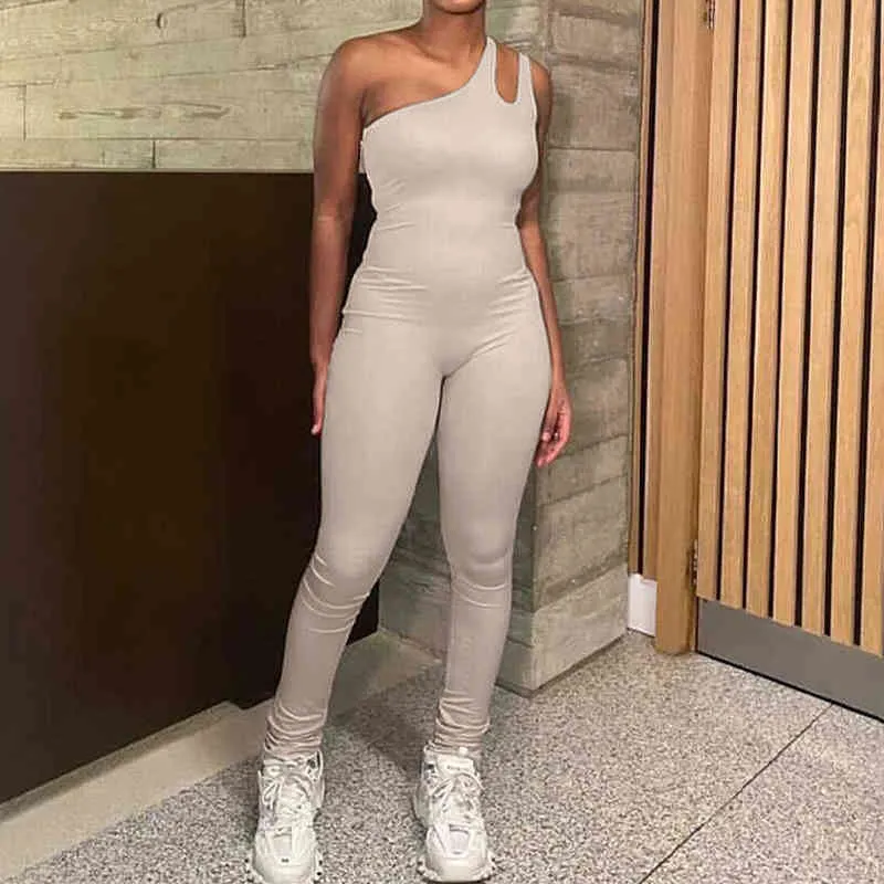 Sporty One Shoulder Women Rompers Overalls Simple Solid Sleeveless Bodycon Hip-lifting Workout Gym Casual Jumpsuit Long Trousers 210517