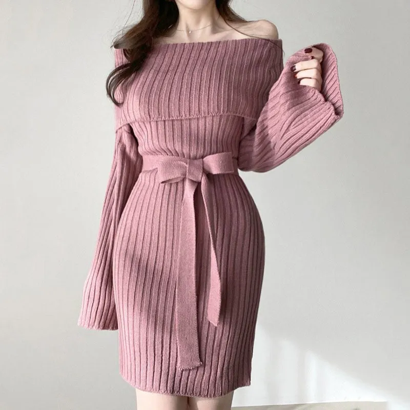 Kimutomo Zarif Kadın Örme Elbise Moda İlkbahar Sonbahar Bayanlar Slash Boyun Yüksek Bel Lace Up İnce Katı Mini Vestidos 210521