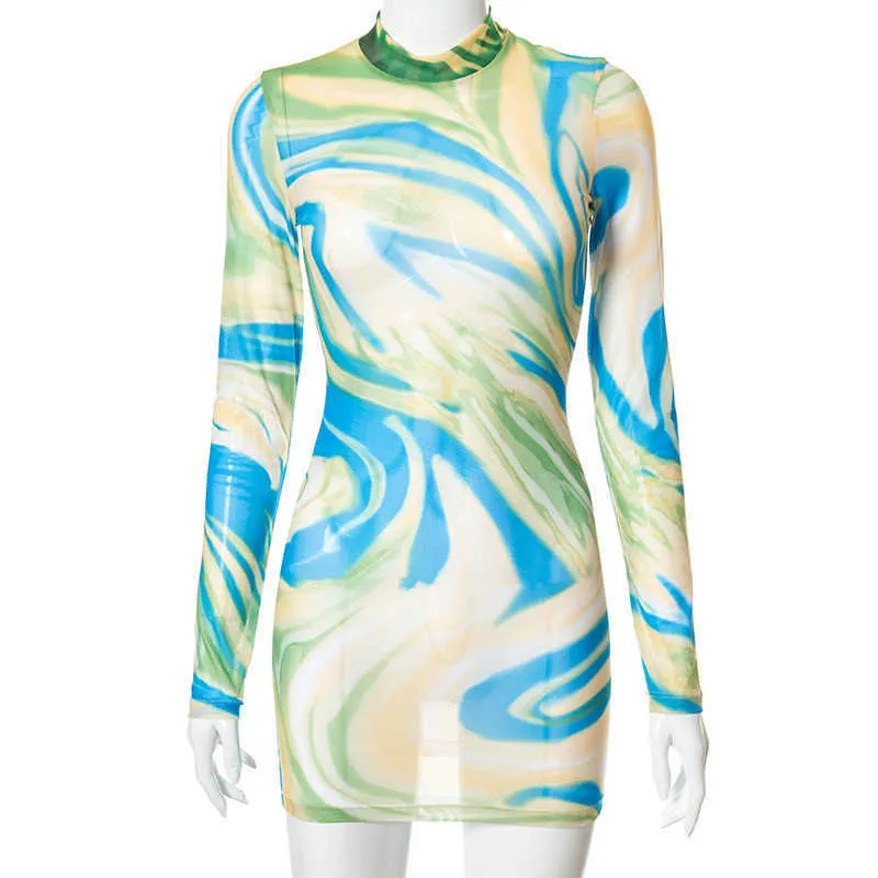 Nadafair Tie Dye Mesh See Though Sexy Mini Dress O Neck Long Sleeve Women Summer Bodycon Transparent Swimming Beach Dress Y1006